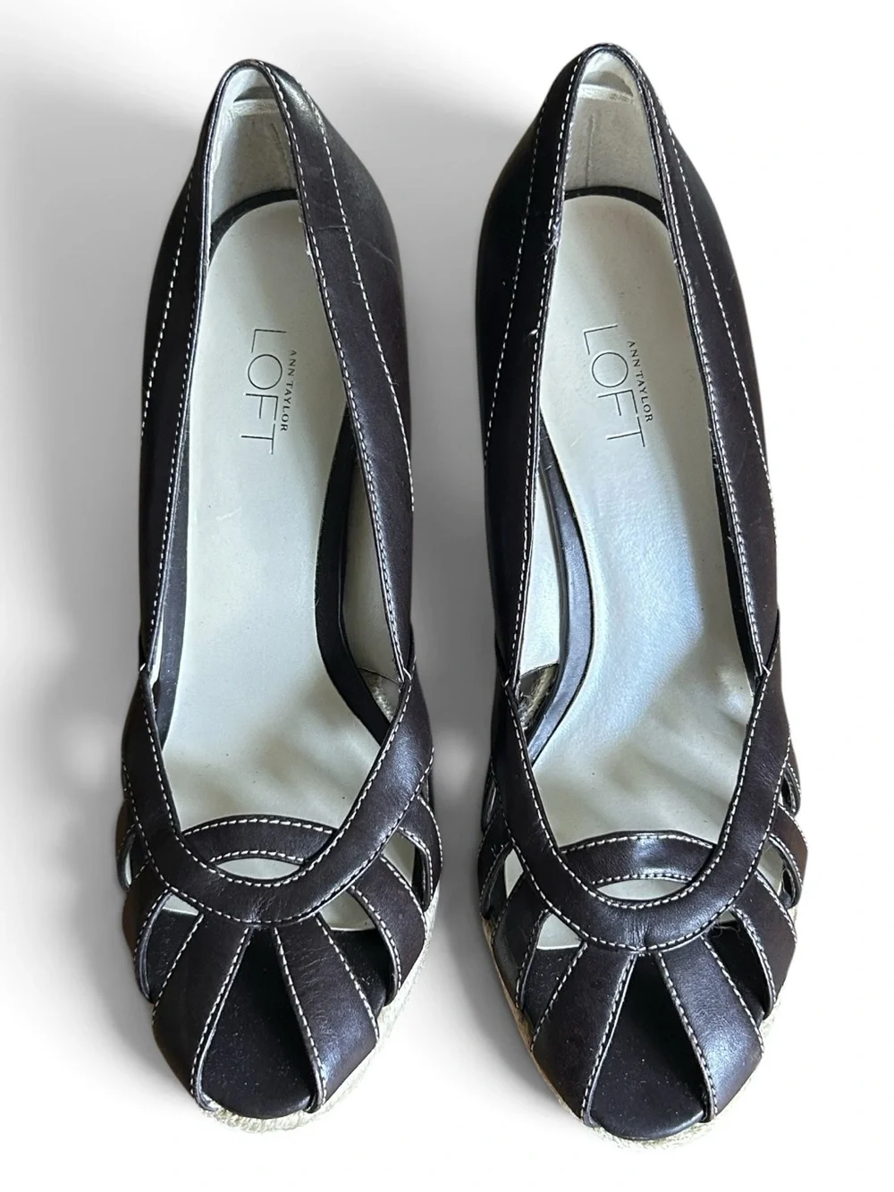 Ann Taylor LOFT Women’s Brown Leather Espadrille Wedge Peep-Toe Heel- Size 7